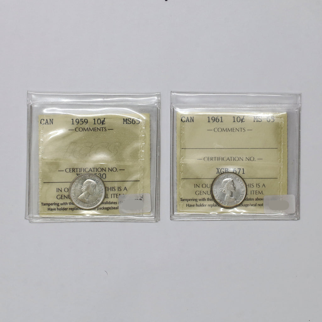 Pair of 1959 & 1961 Canada 10-cents ICCS Certified MS65, 2pcs