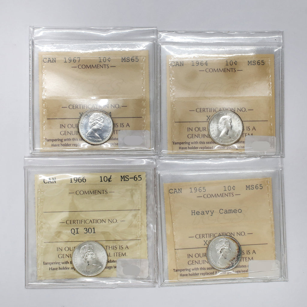 Lot of 4x 1964-1967 Canada 10-cents ICCS Certified MS65, 4pcs