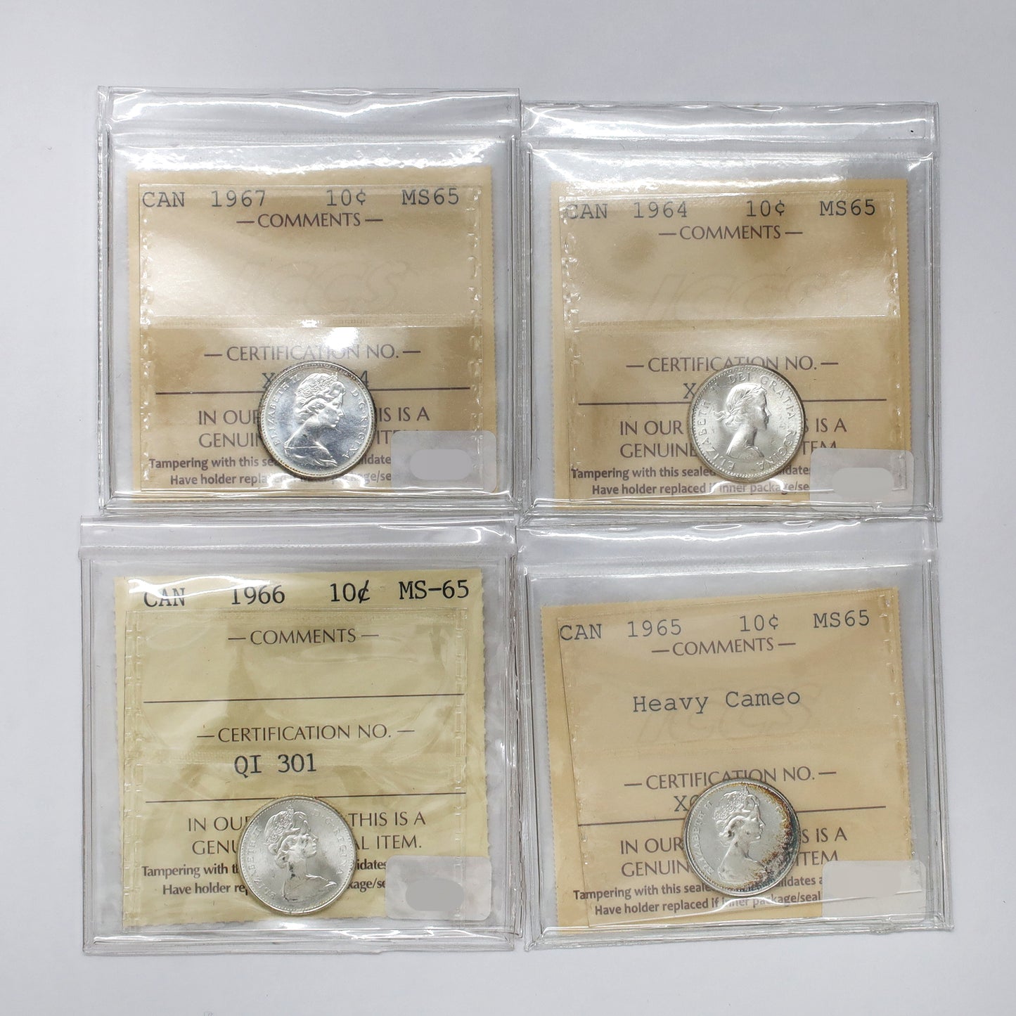 Lot of 4x 1964-1967 Canada 10-cents ICCS Certified MS65, 4pcs