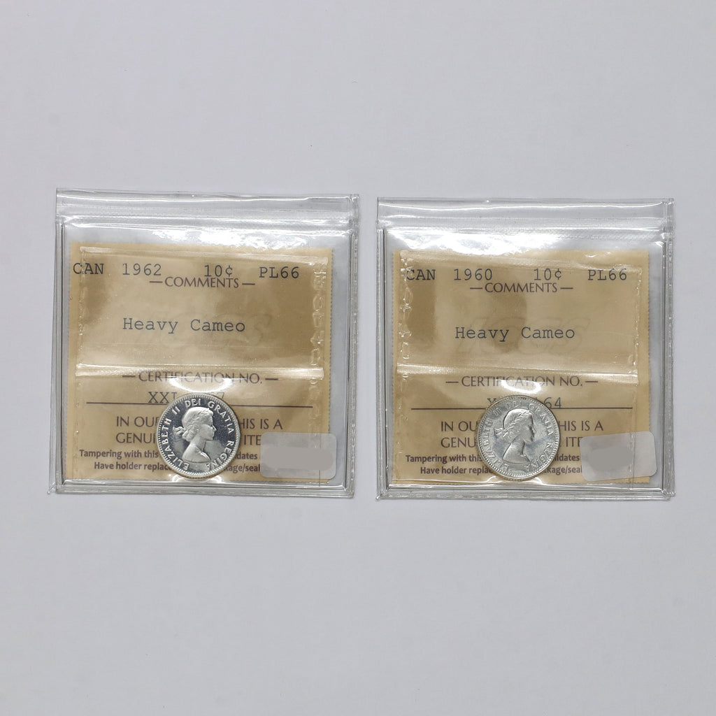 Pair of 1960 & 1962 Canada 10-cents ICCS Certified PL66 Heavy Cameo, 2pcs