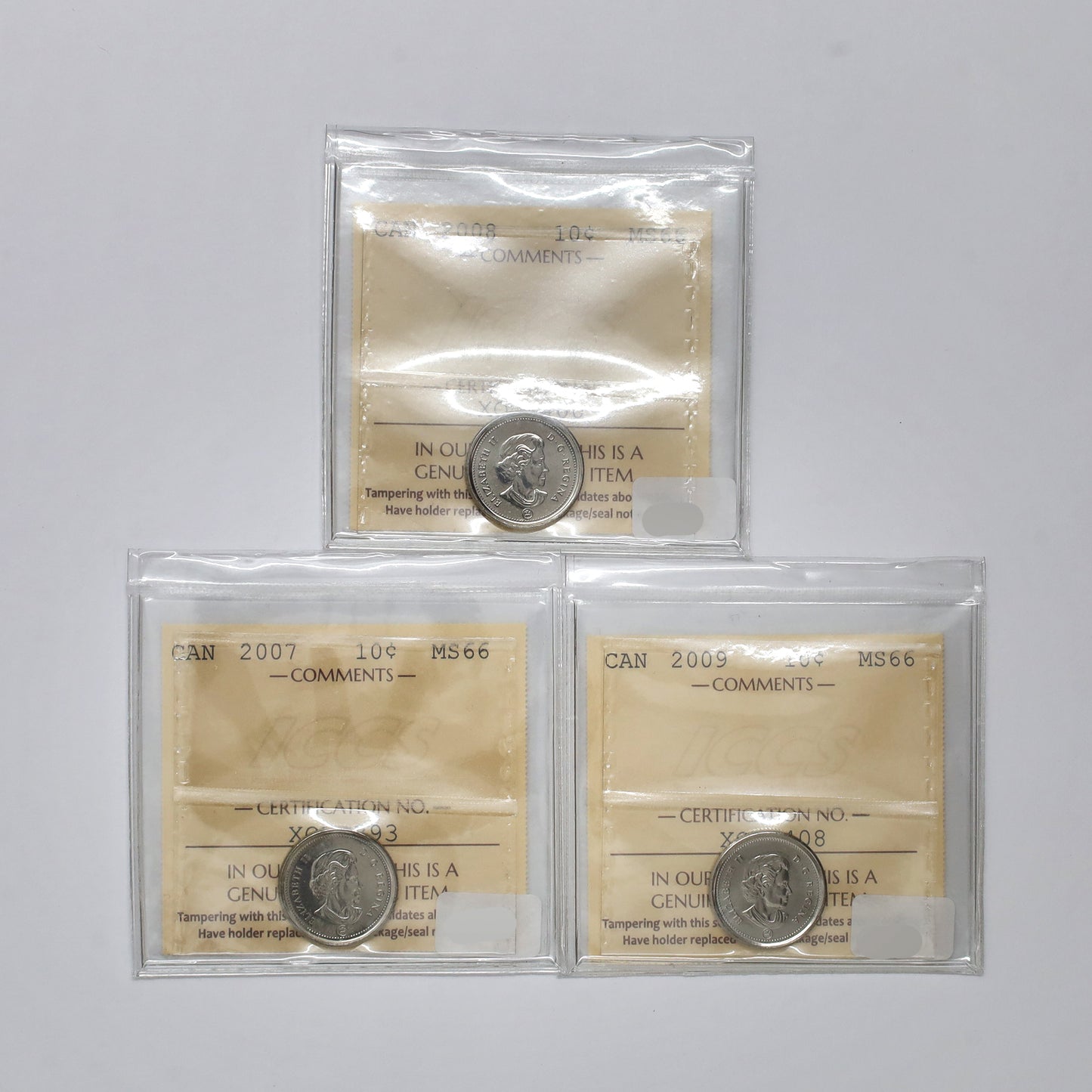 Lot of 3x 2007-2009 Canada 10-cents ICCS Certified MS66, 3pcs