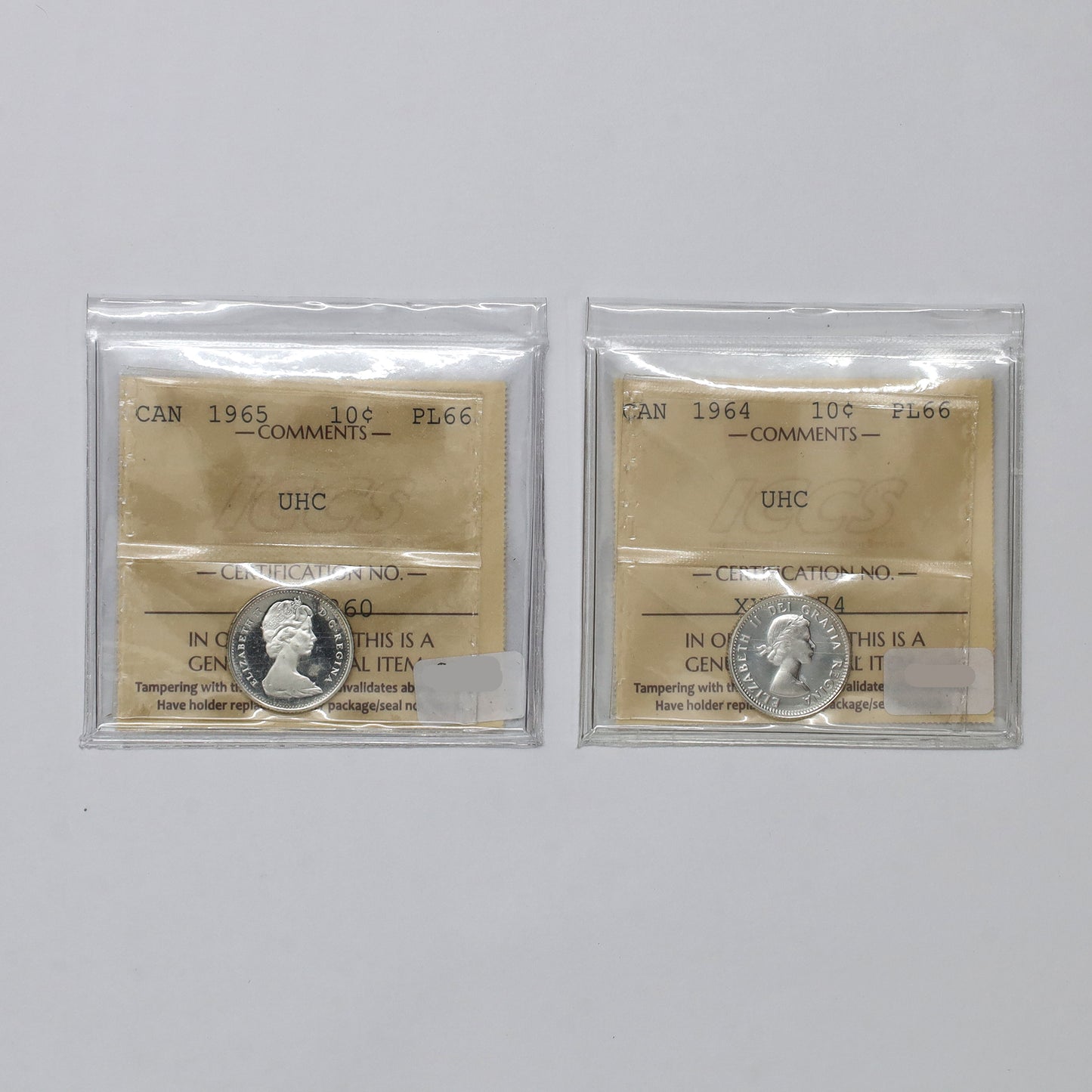 Pair of 1964 & 1965 Canada 10-cents ICCS Certified PL66 UHC, 2pcs