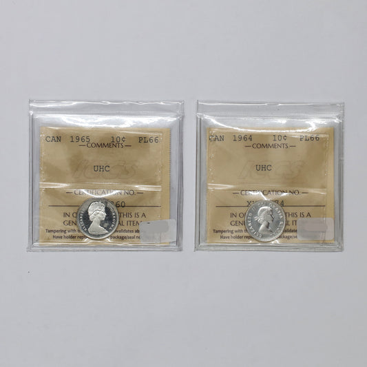 Pair of 1964 & 1965 Canada 10-cents ICCS Certified PL66 UHC, 2pcs