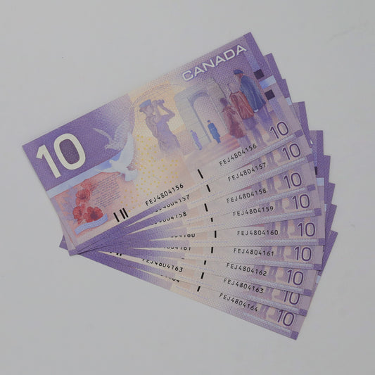 Lot of 9x Sequential 2001 Canada $10 Knight-Dodge, FEJ, 9pcs