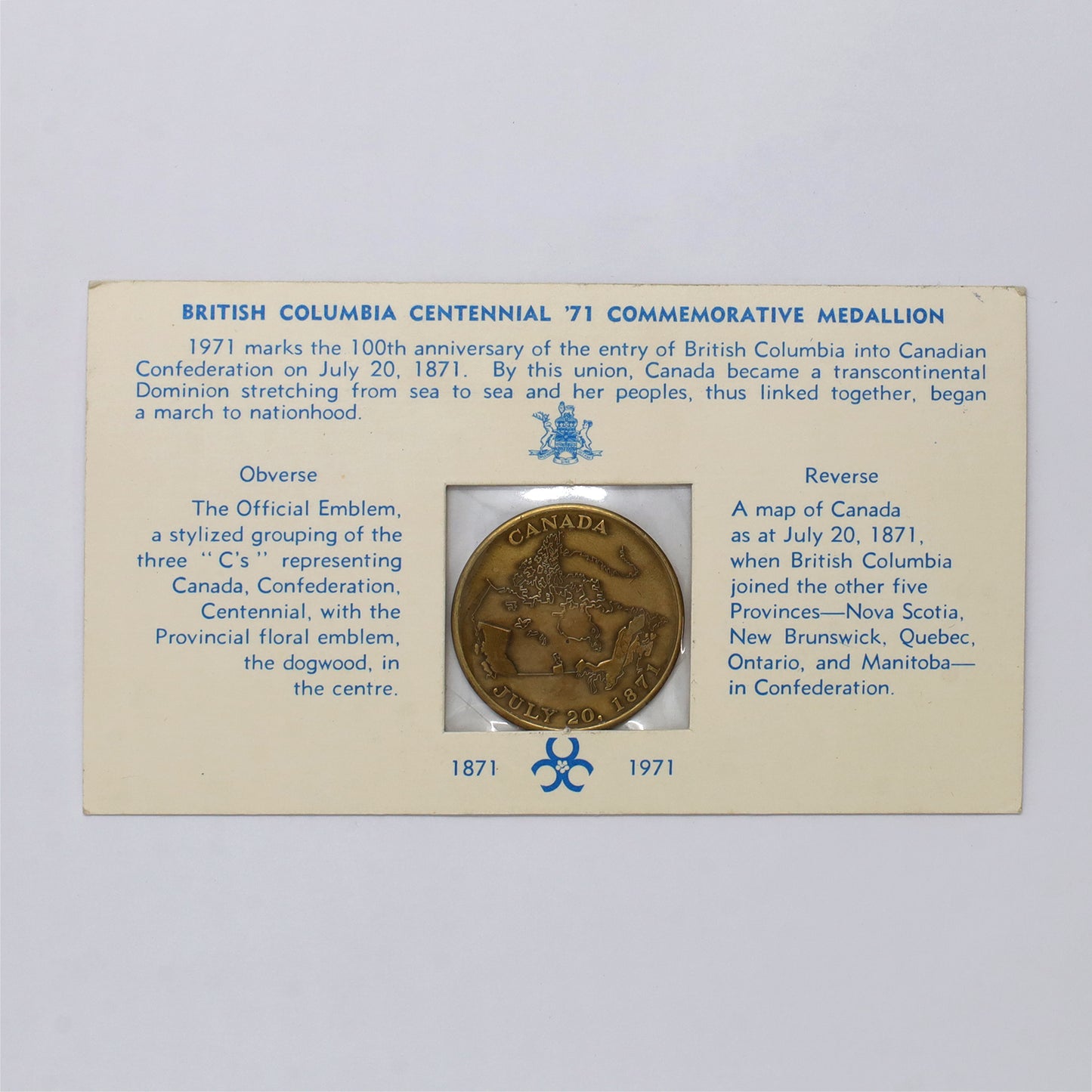 1971 British Columbia Centennial Commemorative Medallion in Card (light wear)