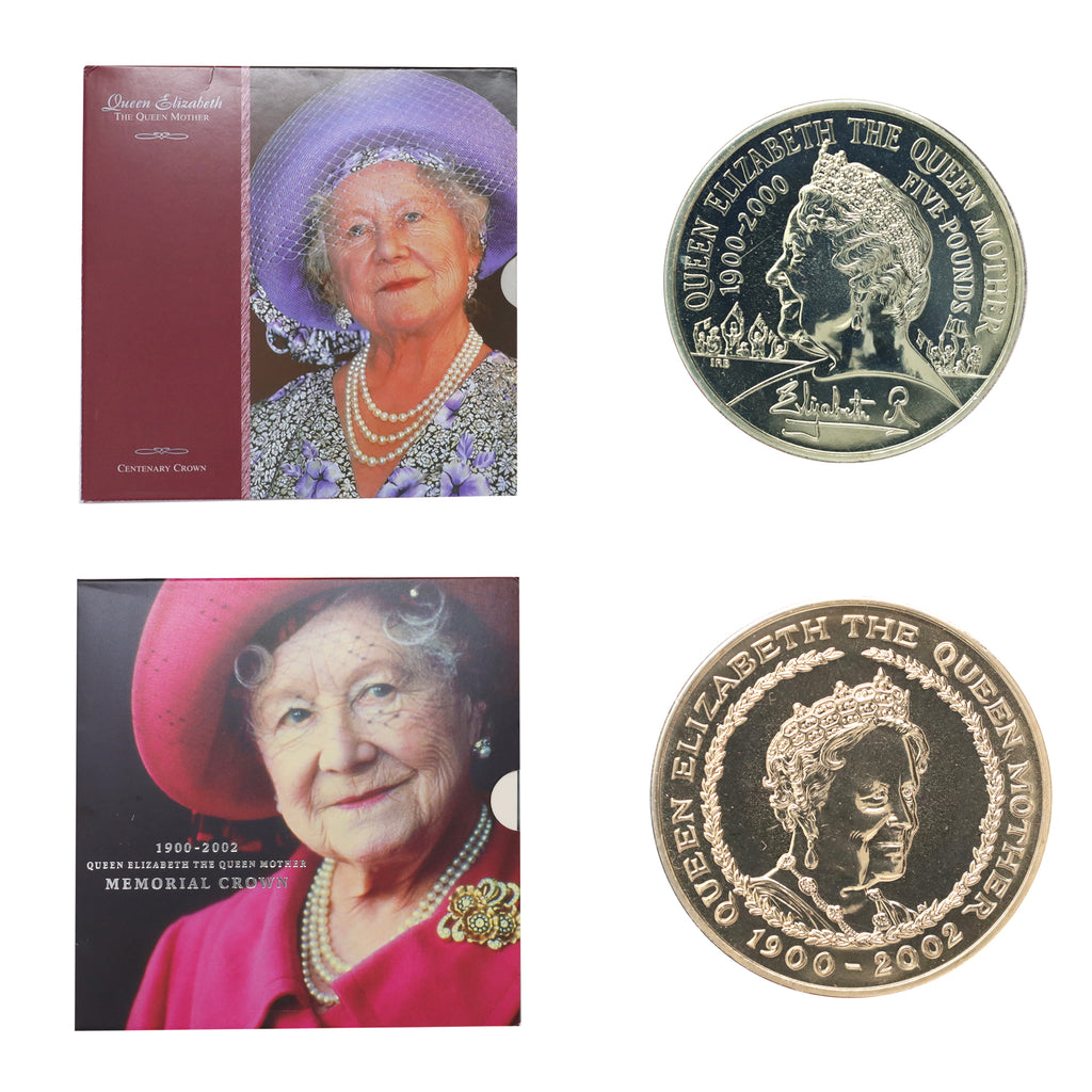 Pair of 2000 & 2002 UK Elizabeth Queen Mother Commemorative Crowns, 2pcs (wear)