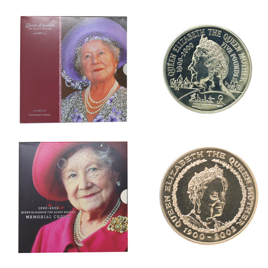 Pair of 2000 & 2002 UK Elizabeth Queen Mother Commemorative Crowns, 2pcs (wear)