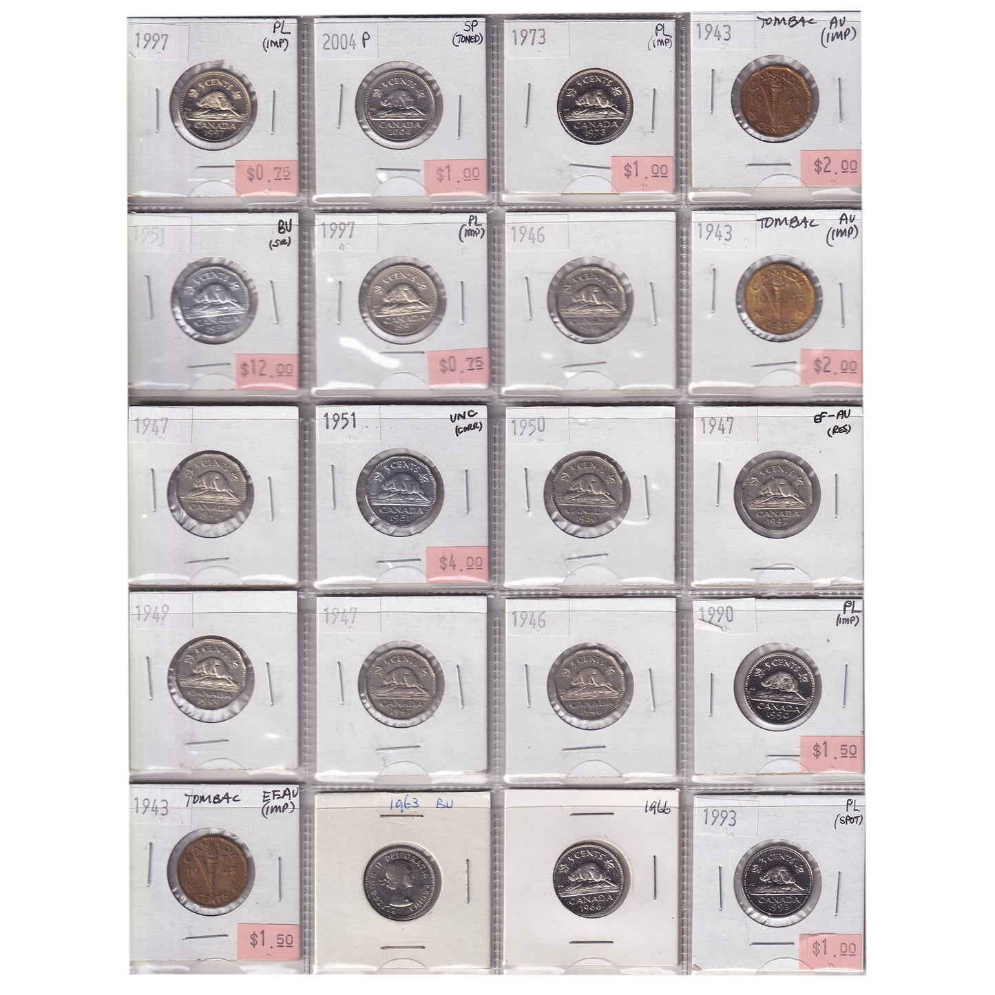 Group Lot of 20x 1943-2004 Canada 5-cents, 20pcs