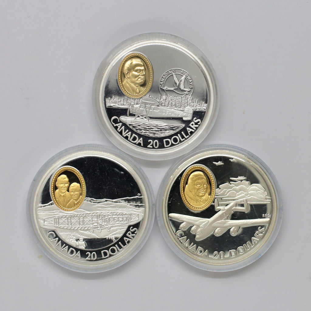 Lot of 3x 1990-1993 Canada $20 Aviation Sterling Silver Coins, 3pcs (Coins Only) issues