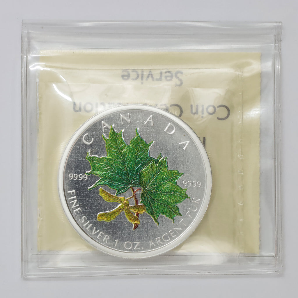 2002 Canada $5 Green Coloured Silver Maple Leaf: Spring ICCS Certified MS67 (No Tax)