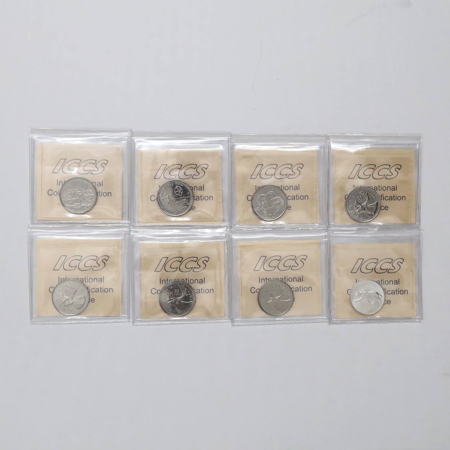 Lot of 8x 1967-1999 Canada 25-cents ICCS Certified MS63 or MS64, 8pcs