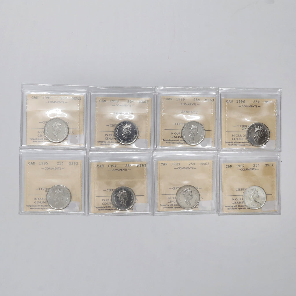 Lot of 8x 1967-1999 Canada 25-cents ICCS Certified MS63 or MS64, 8pcs