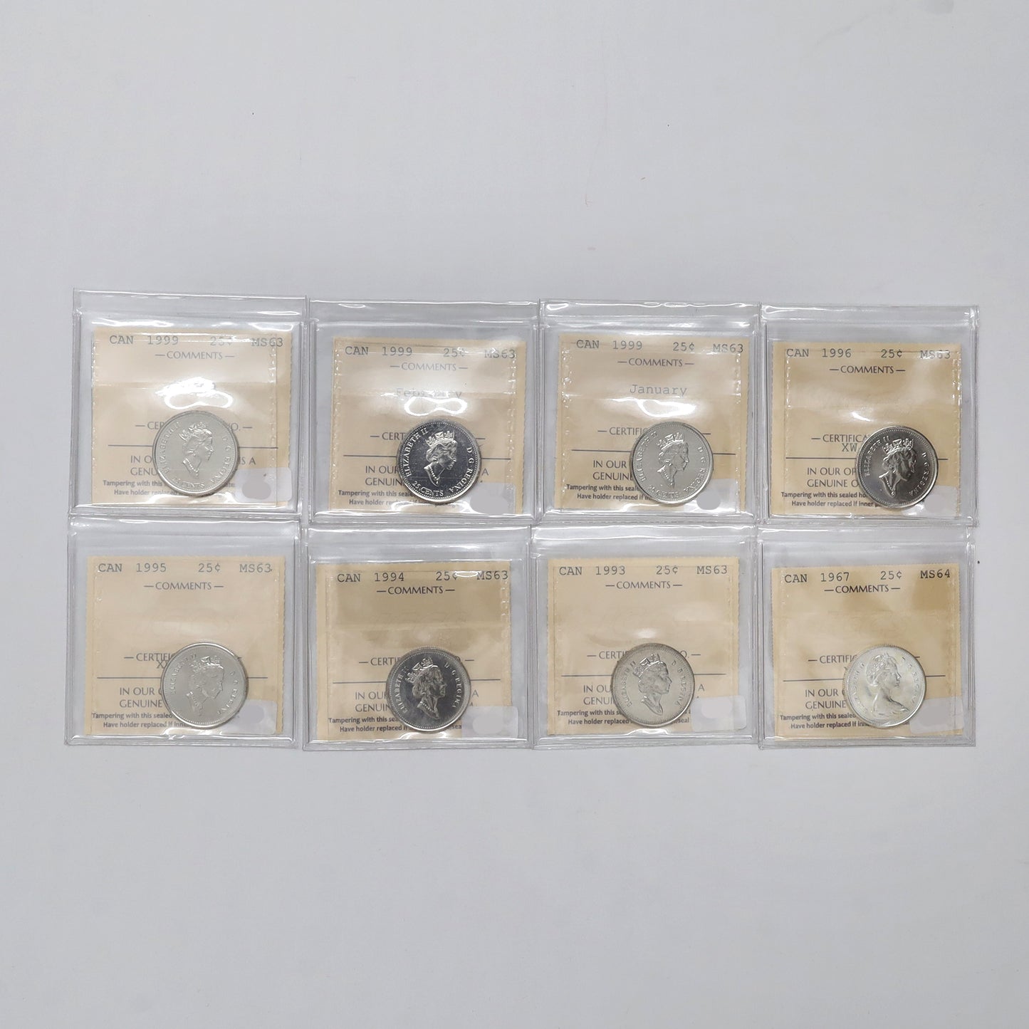 Lot of 8x 1967-1999 Canada 25-cents ICCS Certified MS63 or MS64, 8pcs