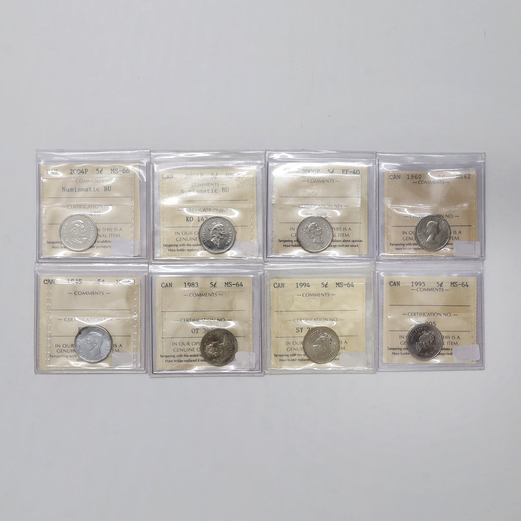 Lot of 8x 1945-2004 Canada 5-cents ICCS Certified EF40 to MS66, 8pcs