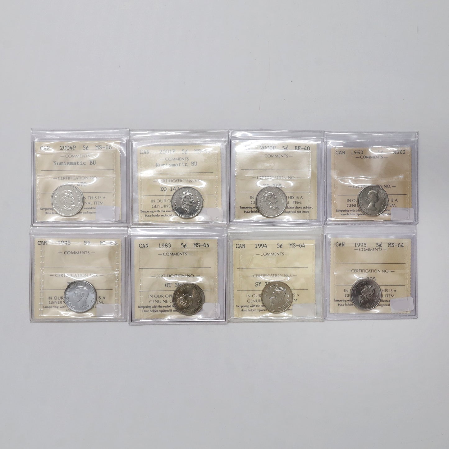 Lot of 8x 1945-2004 Canada 5-cents ICCS Certified EF40 to MS66, 8pcs