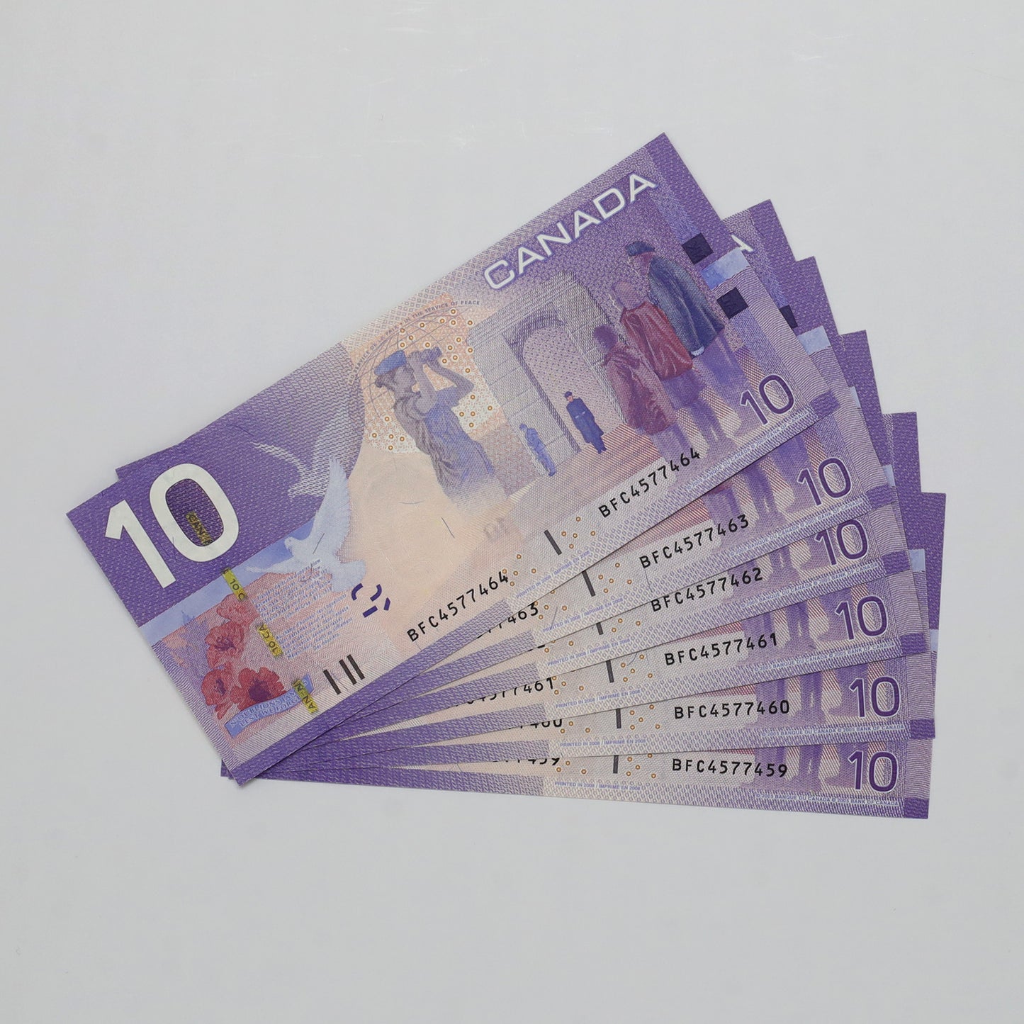 Lot of 6x Sequential 2005 Canada $10 Jenkins-Carney Banknotes, 6pcs