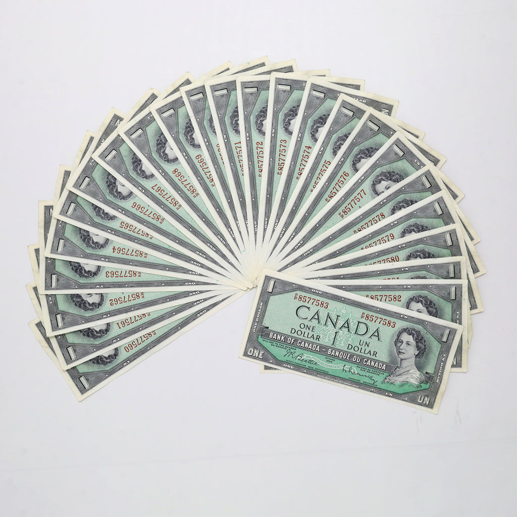 Lot of 24x Sequential 1954 Canada $1 Beattie-Rasminsky Banknotes, AU-UNC, 24pcs