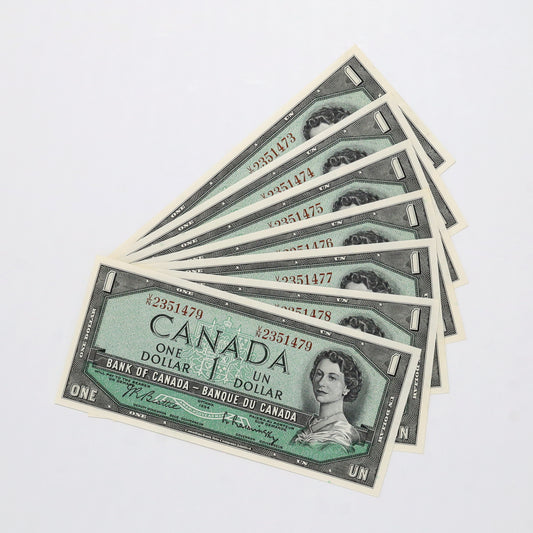Lot of 7x Sequential 1954 Canada $1 Beattie-Rasminsky Banknotes, 7pcs