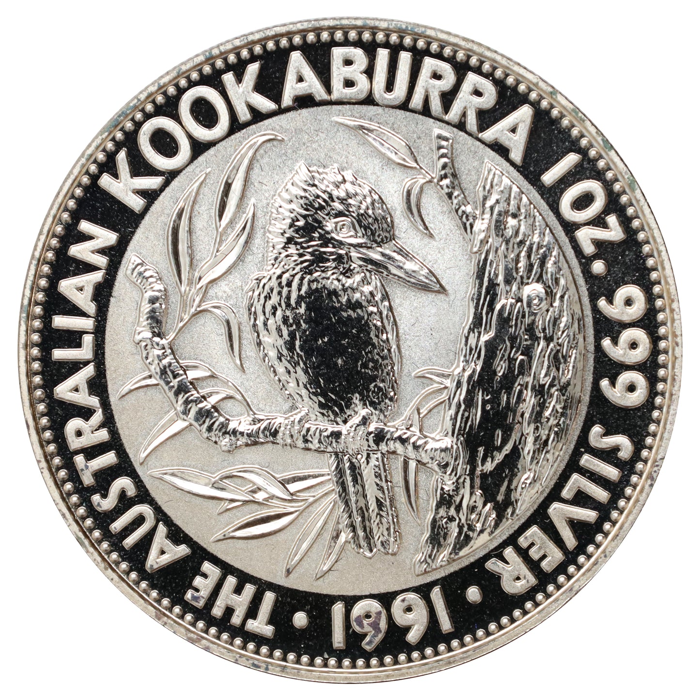 Australia 1991 .999 Silver Kookaburra 1oz. Coin in Case (No Tax) light wear, toning