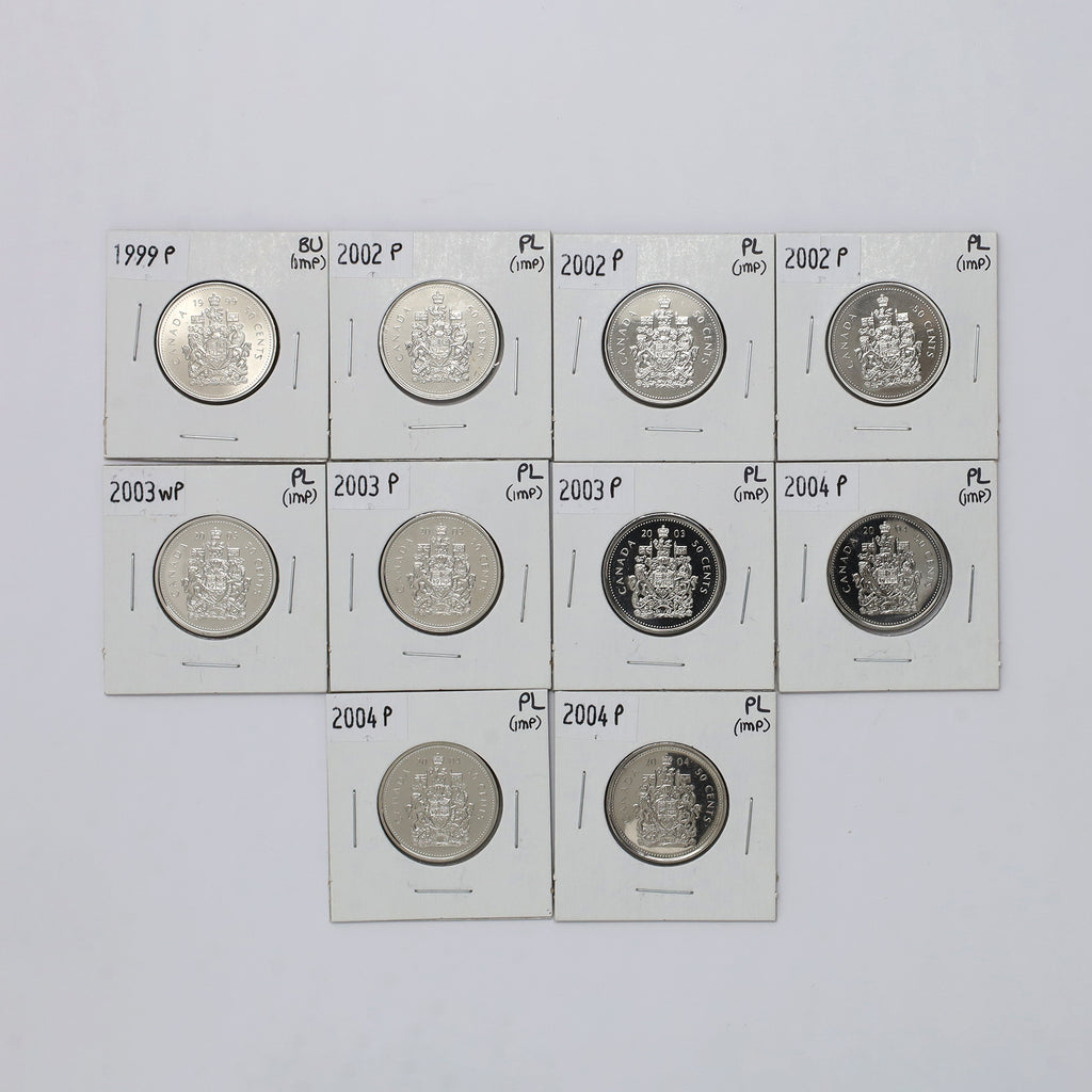 Lot of 10x 1999-2004 Canada 50-cents BU to PL (Mint Set Issue Only), 10pcs (issues)