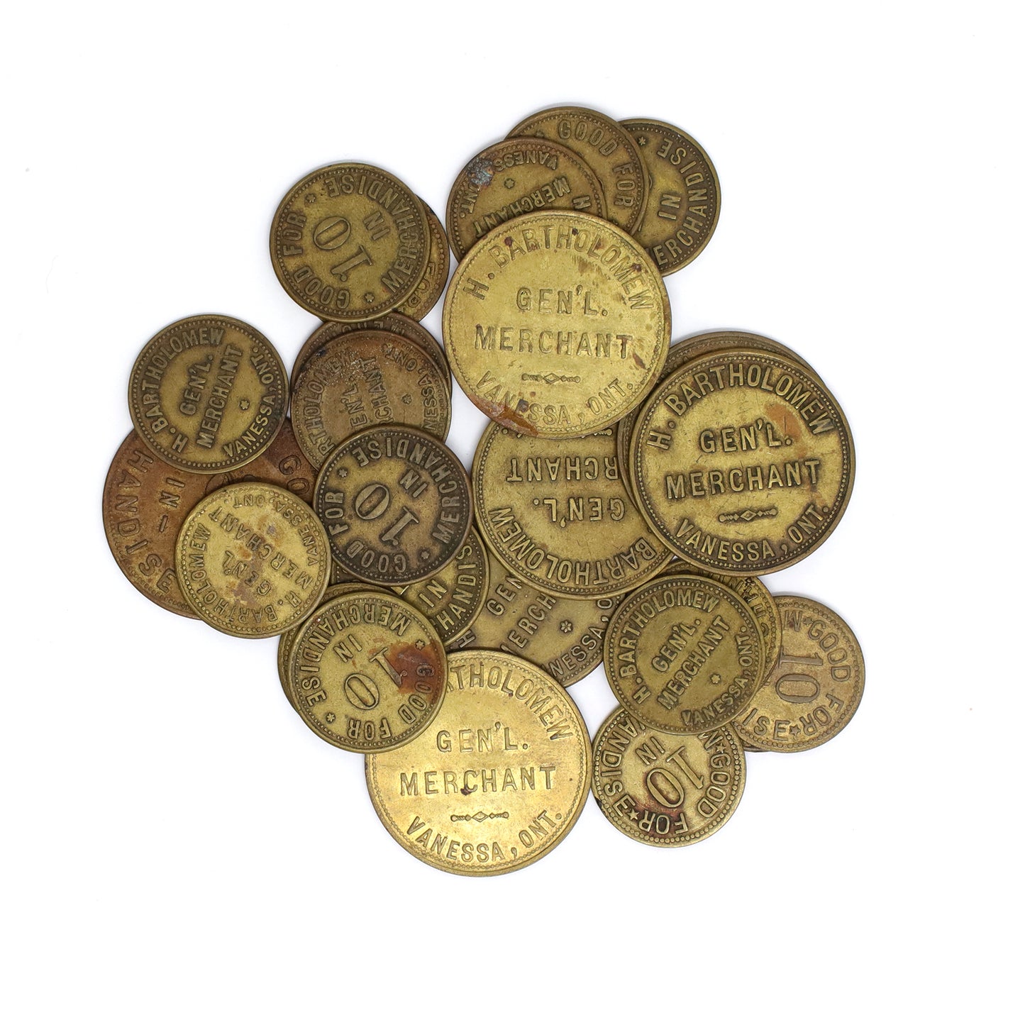 Lot of 25x Vanessa, ON, H. Bartholomew General Merchant Tokens, 25pcs