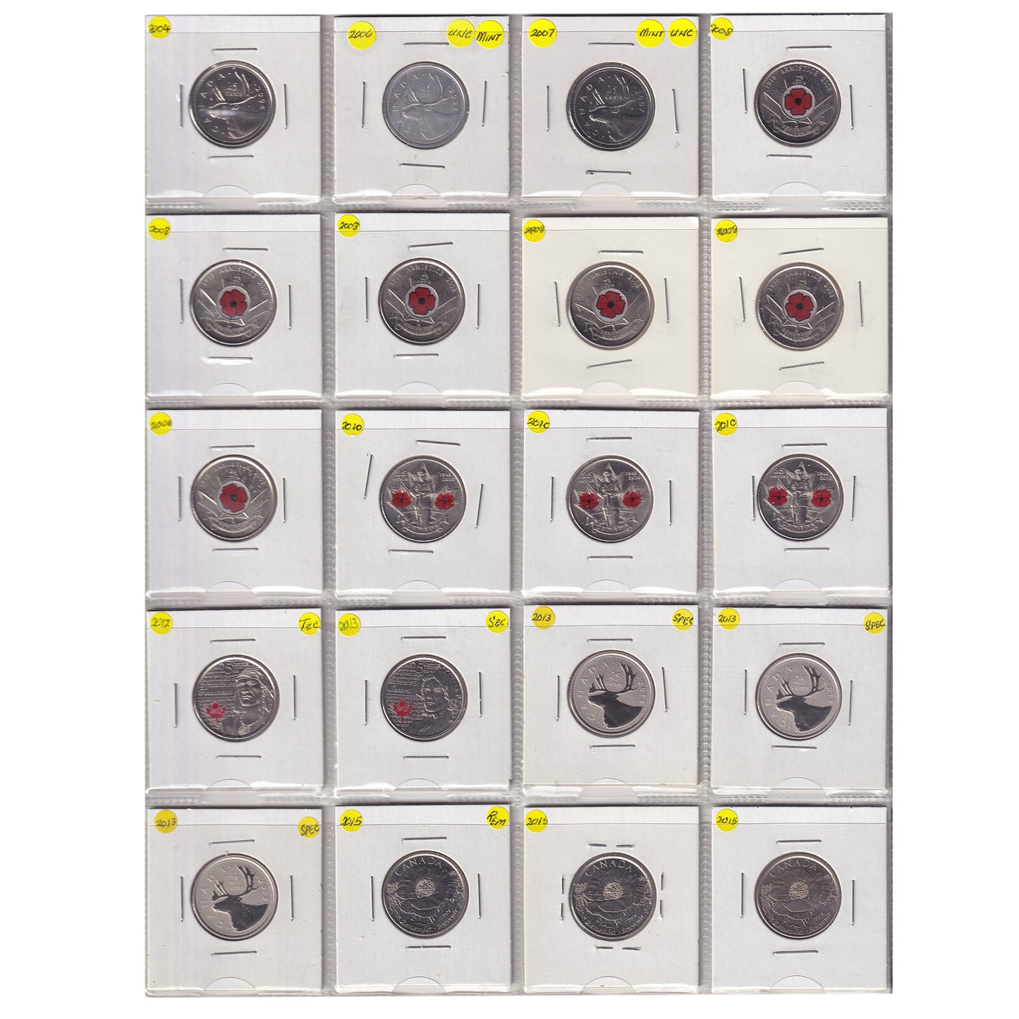 Estate Lot of 432x 2001-2022 Canada 25-cents, Lots of Special Editions, in White Binder