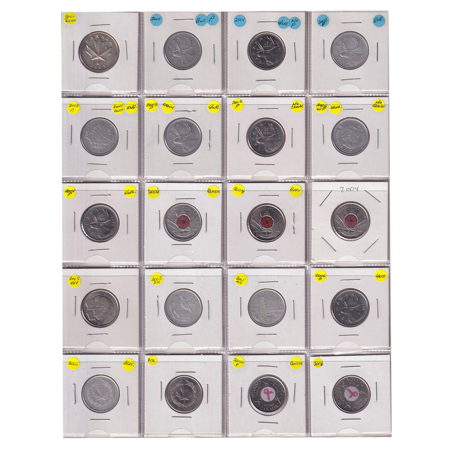 Estate Lot of 432x 2001-2022 Canada 25-cents, Lots of Special Editions, in White Binder