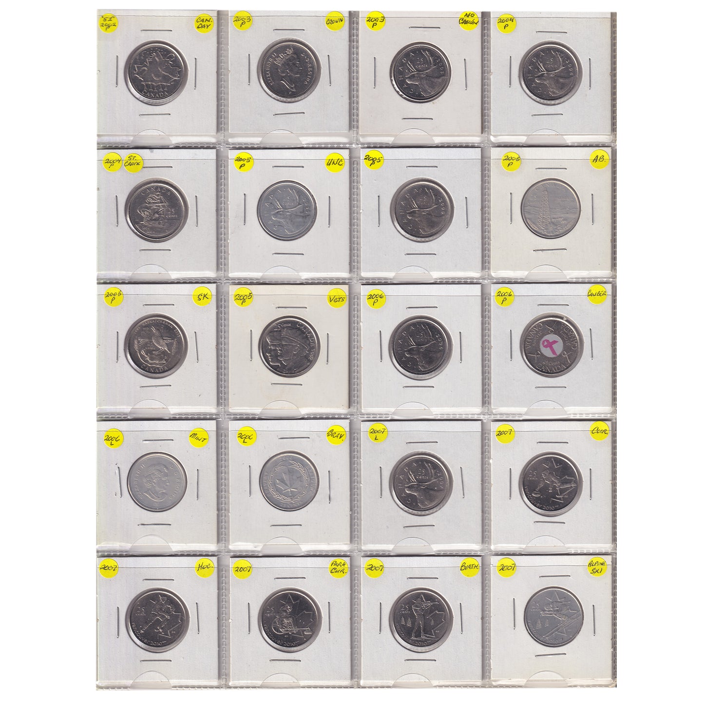 Estate Lot of 432x 2001-2022 Canada 25-cents, Lots of Special Editions, in White Binder