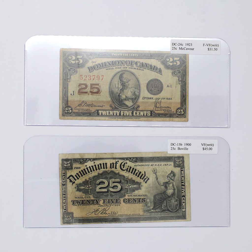 Pair of 1900 & 1923 Dominion 25-cent Shinplasters, F-VF to VF, 2pcs (writing)