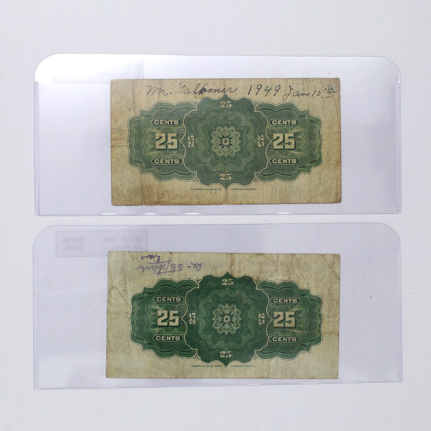 Pair of 1900 & 1923 Dominion 25-cent Shinplasters, F-VF to VF, 2pcs (writing)
