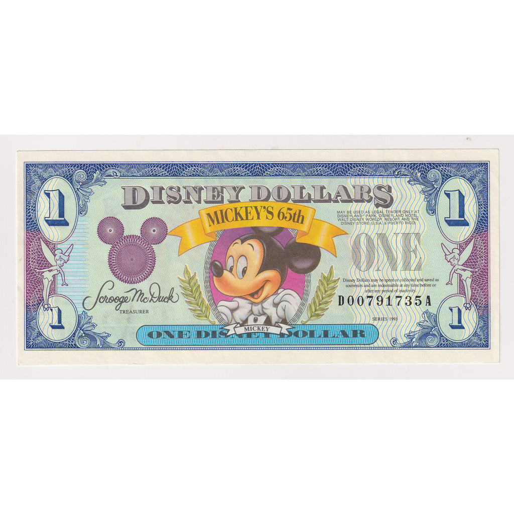 1993 USA $1 Disney Dollar: Mickey's 65th Birthday Novelty Note