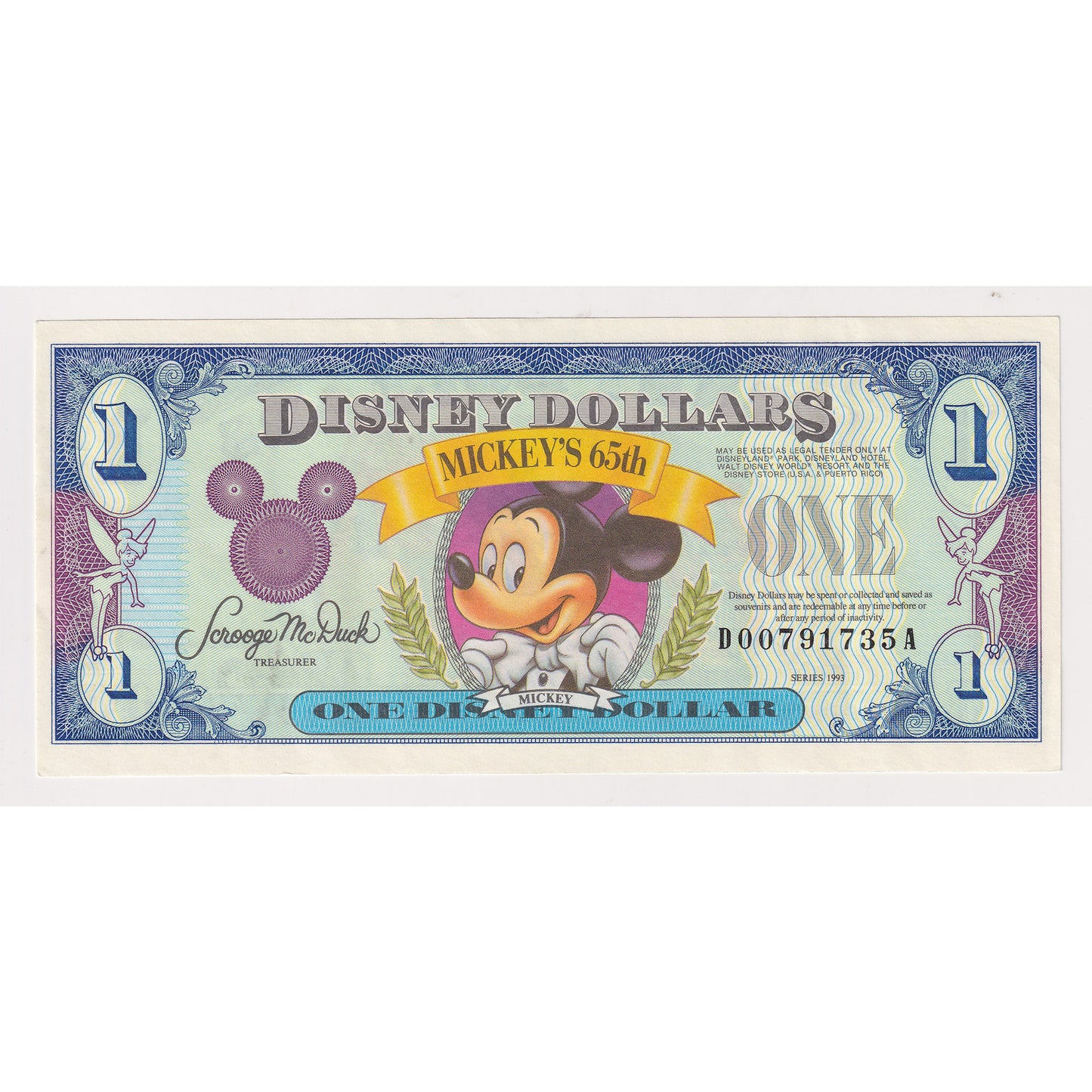 1993 USA $1 Disney Dollar: Mickey's 65th Birthday Novelty Note