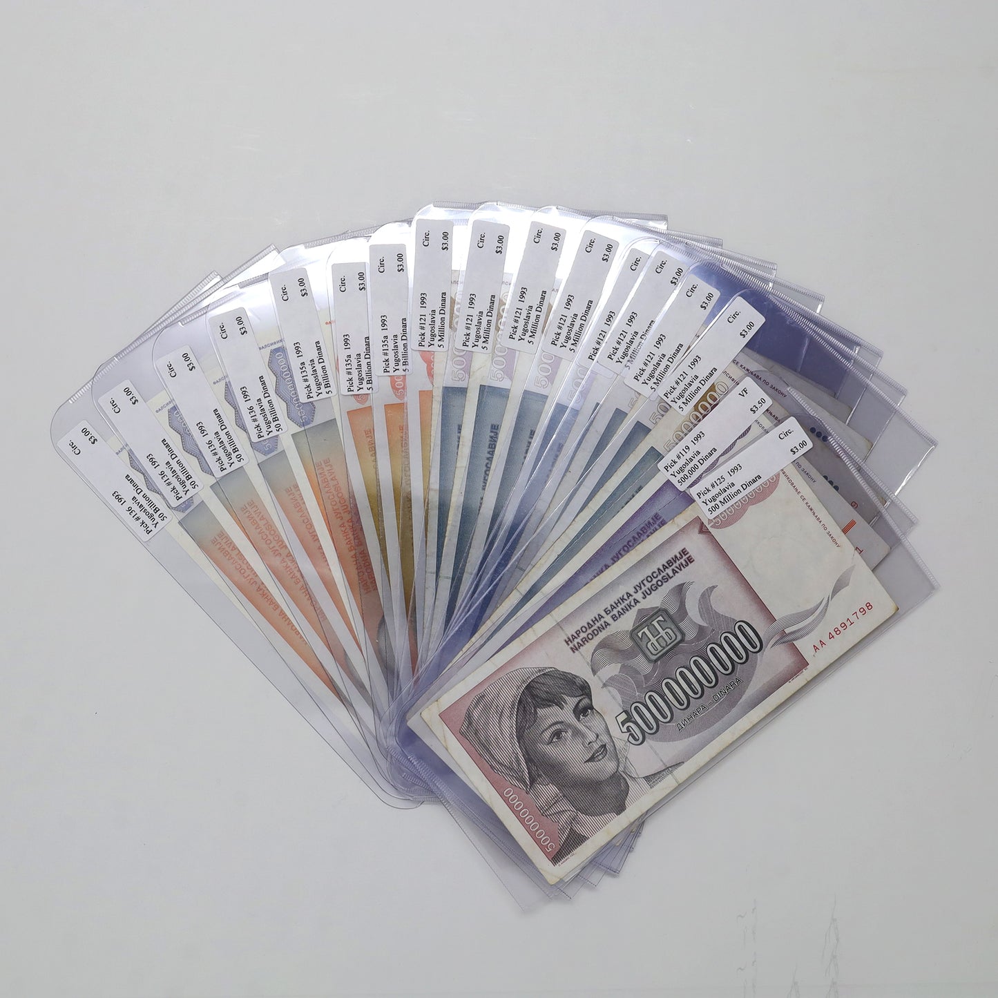 Lot of 17x Yugoslavia 1993 500,000 to 50 Billion Dinara Banknotes, Circ to VF, 17pcs