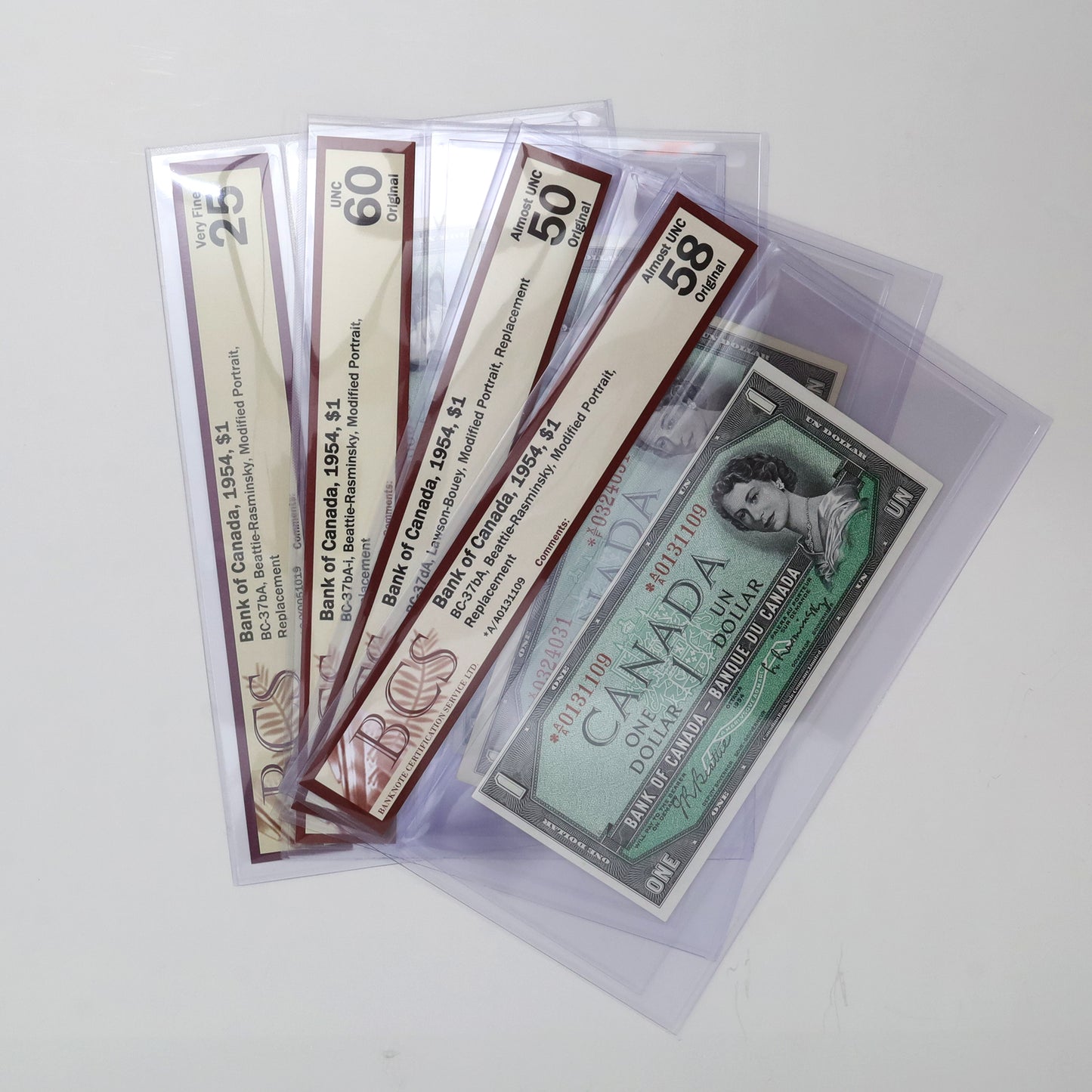 Lot of 4x 1954 Canada $1 Notes, Mod. Ports., Replacements, BCS Cert. VF25 to UNC60, 4pcs
