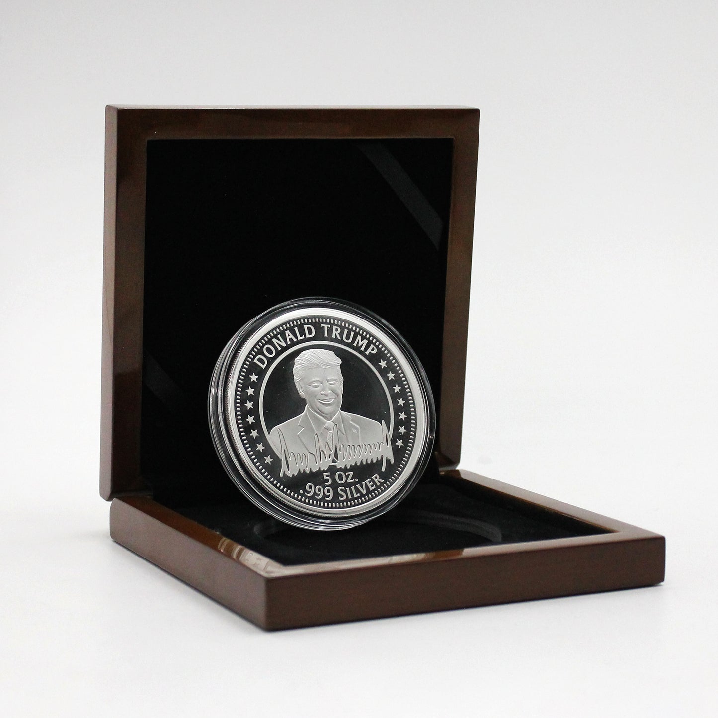 USA 5oz. Donald Trump .999 Silver Round in Wooden Case (No Tax) light wear