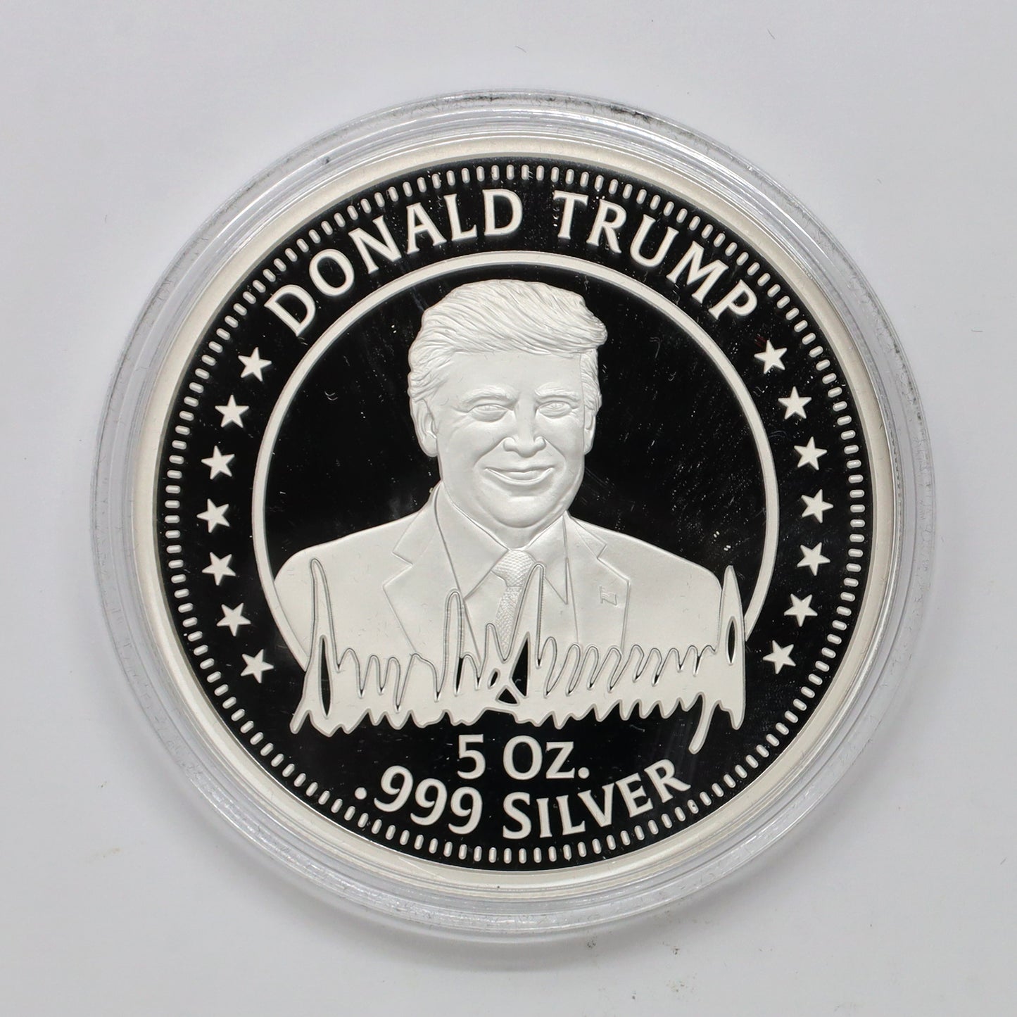 USA 5oz. Donald Trump .999 Silver Round in Wooden Case (No Tax) light wear