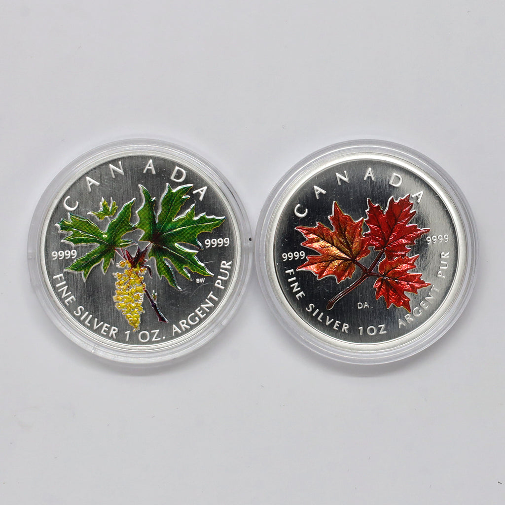 Pair of 2001 & 2005 Canada $5 Coloured Silver Maple, 2pcs (No Tax) Coins Only (scr. caps)