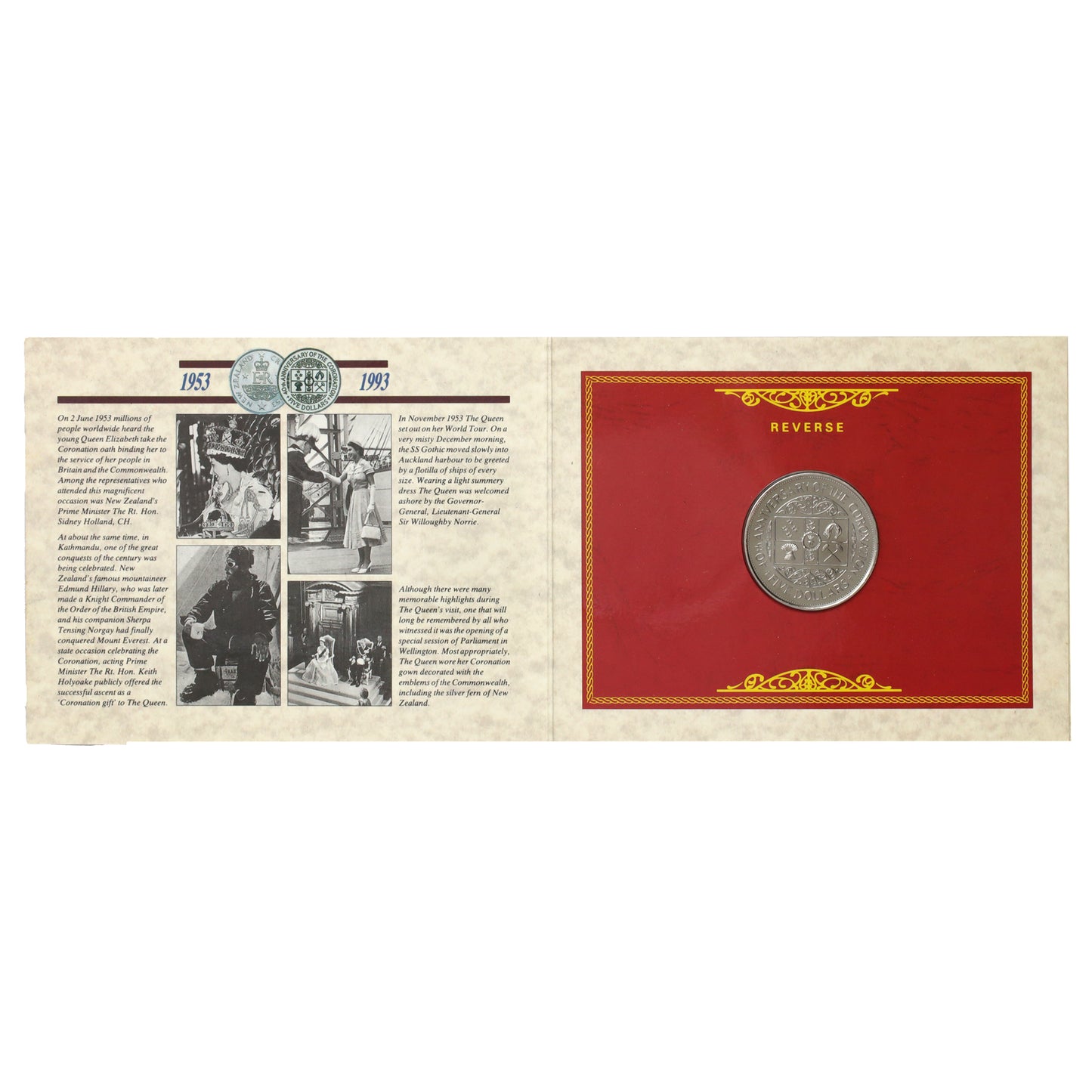 New Zealand 1993 40th Anniversary Coronation $5 Crown in Display Folder (light wear)