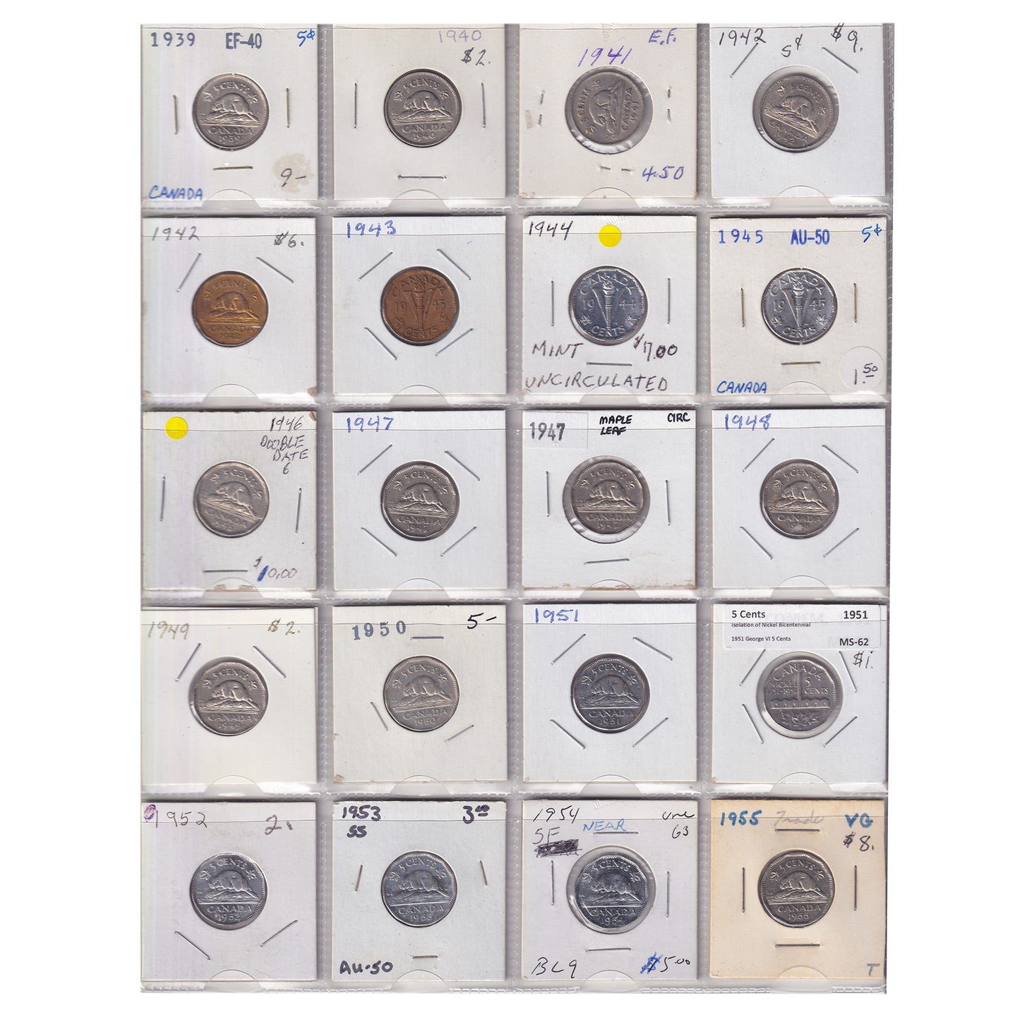 Estate Lot of 257x 1922-2020 Canada 5-cents in White Binder (sold as-is)