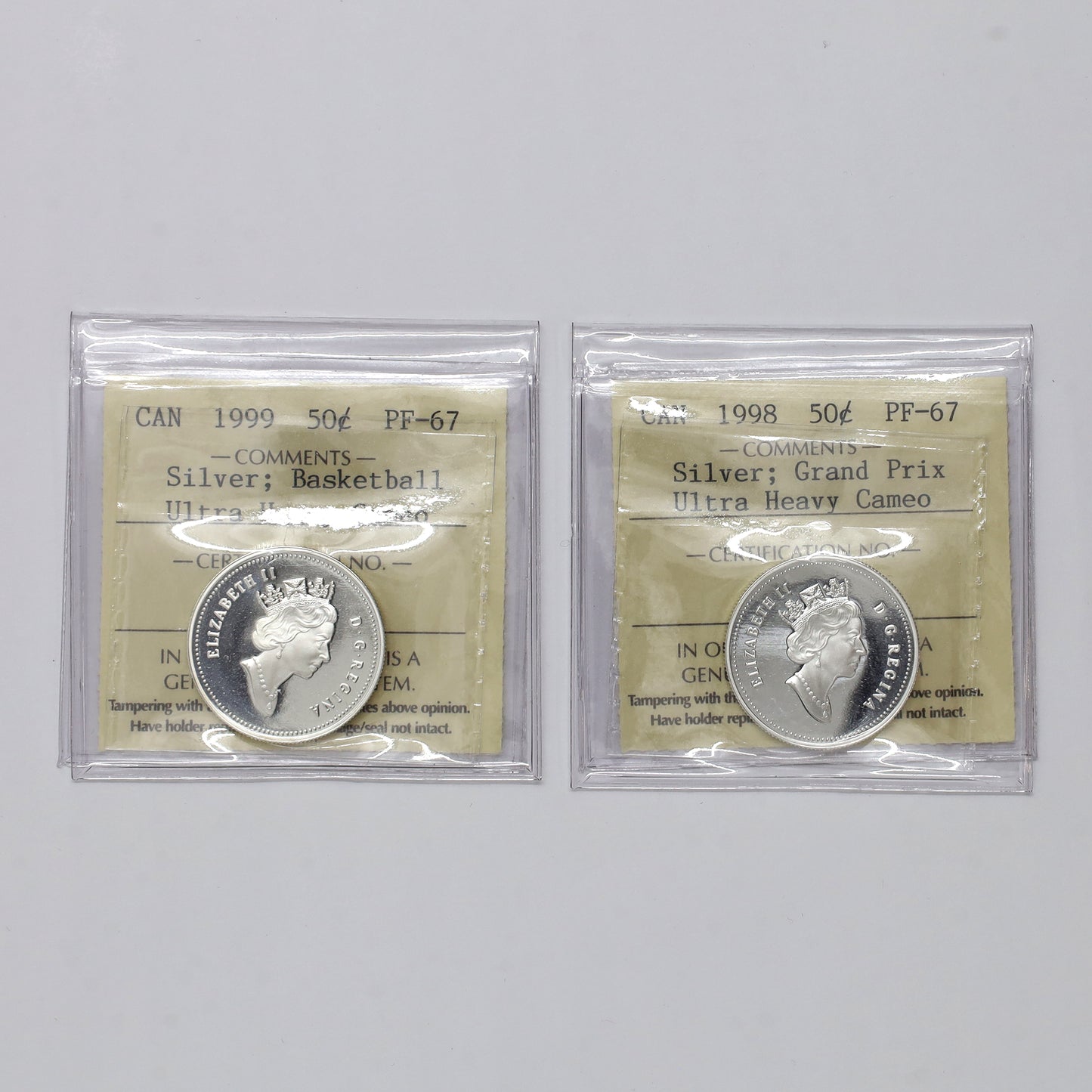 Pair of 1998 & 1999 Canada 50-cents Sports Sterling Silver Coin ICCS Cert. PF67 UHC, 2pcs