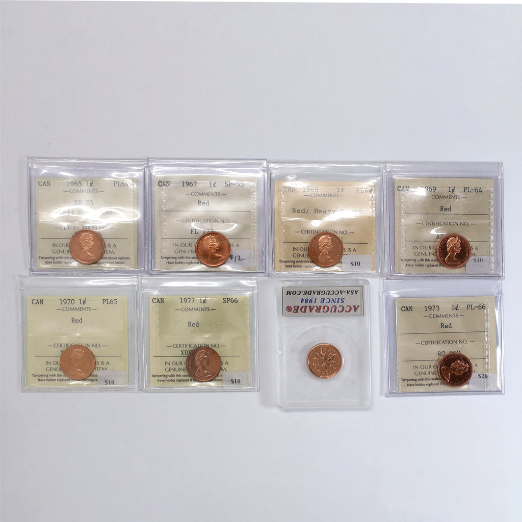 Lot of 8x 1965-1984 Canada 1-cents Certified PL64 to SP66 Red, 8pcs