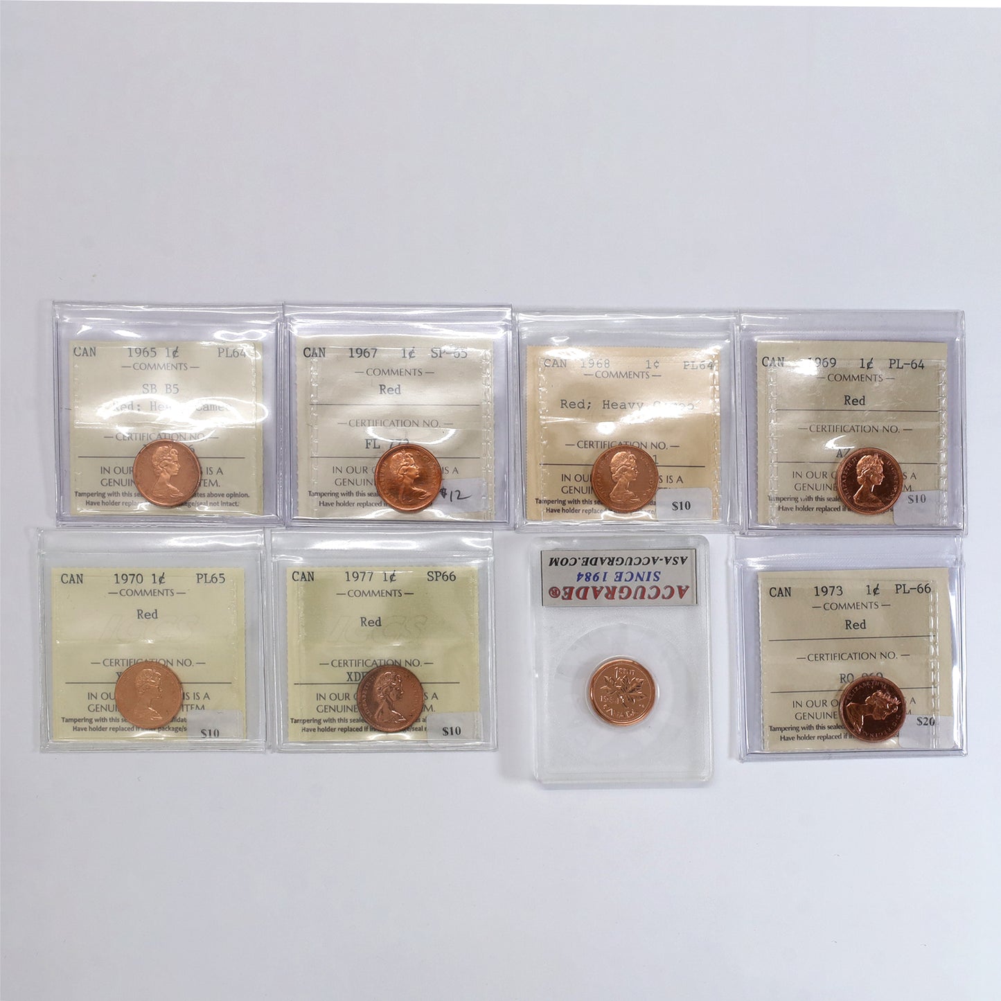 Lot of 8x 1965-1984 Canada 1-cents Certified PL64 to SP66 Red, 8pcs