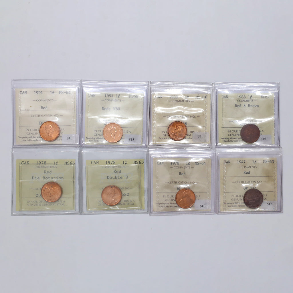 Lot of 8x 1947-1991 Canada 1-cents Certified MS62 to MS66, 8pcs