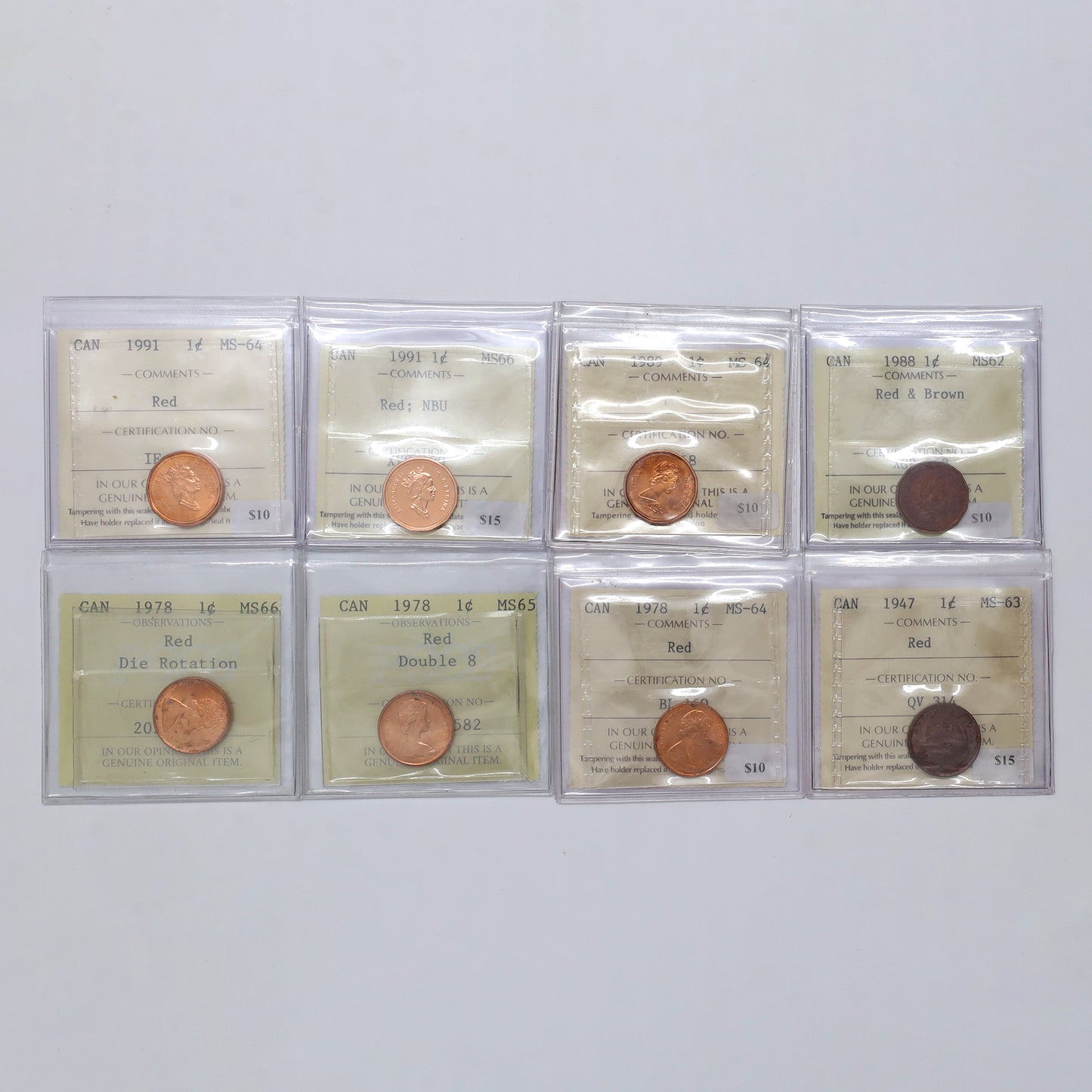 Lot of 8x 1947-1991 Canada 1-cents Certified MS62 to MS66, 8pcs