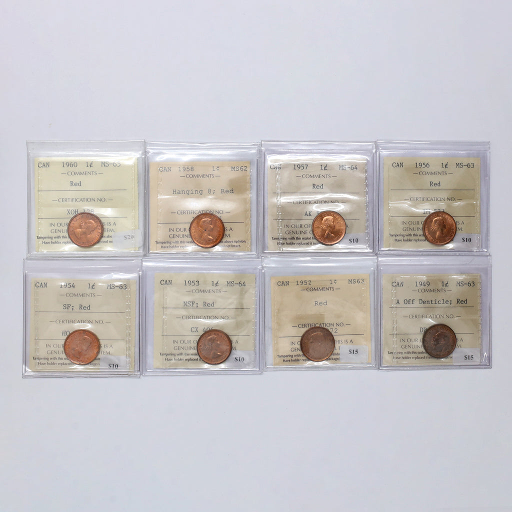 Lot of 8x 1949-1960 Canada 1-cents ICCS Certified MS62 to MS65 Red, 8pcs