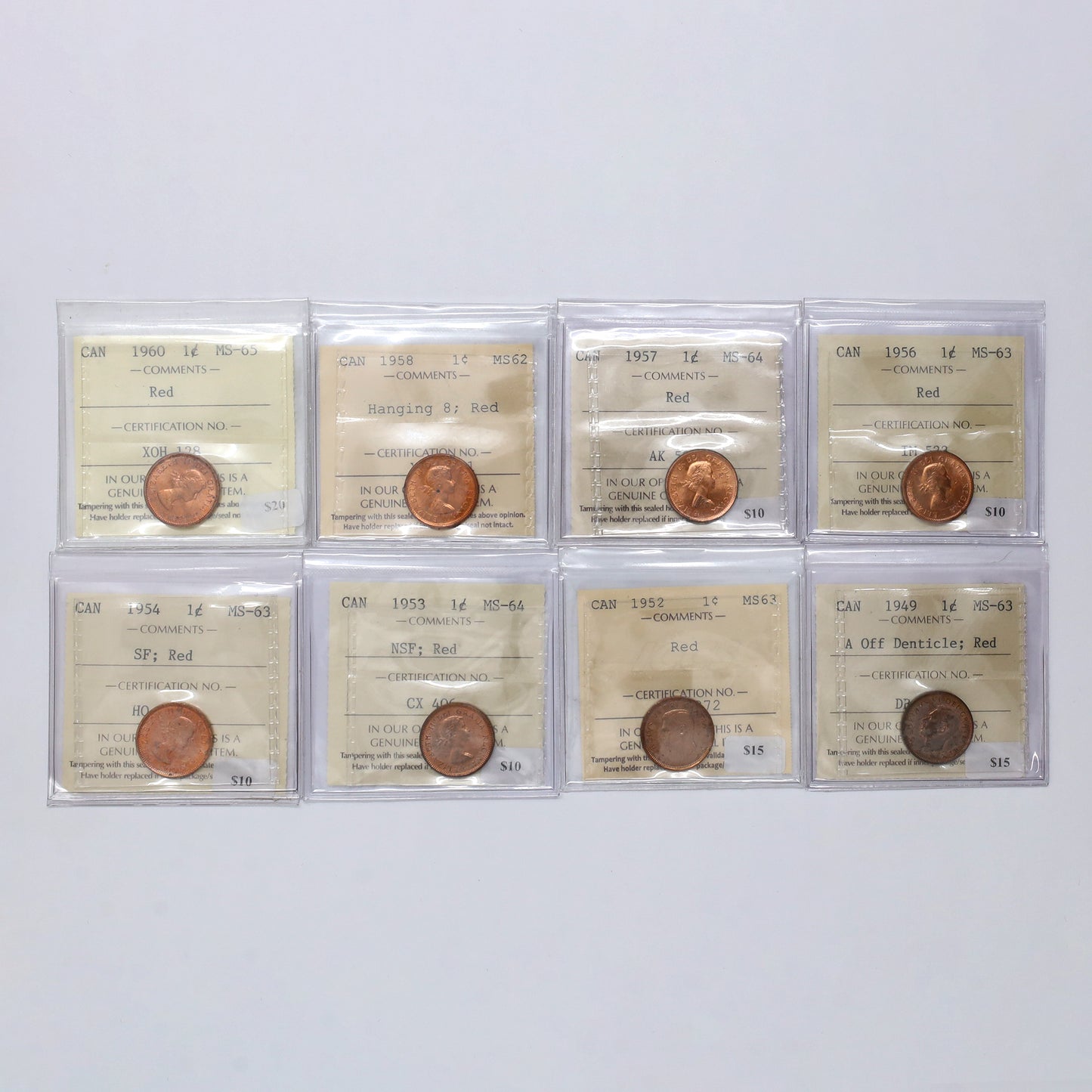 Lot of 8x 1949-1960 Canada 1-cents ICCS Certified MS62 to MS65 Red, 8pcs