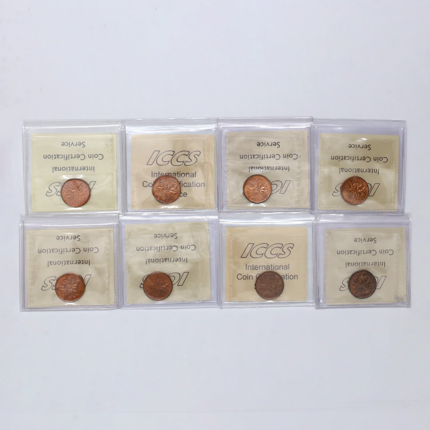 Lot of 8x 1949-1960 Canada 1-cents ICCS Certified MS62 to MS65 Red, 8pcs