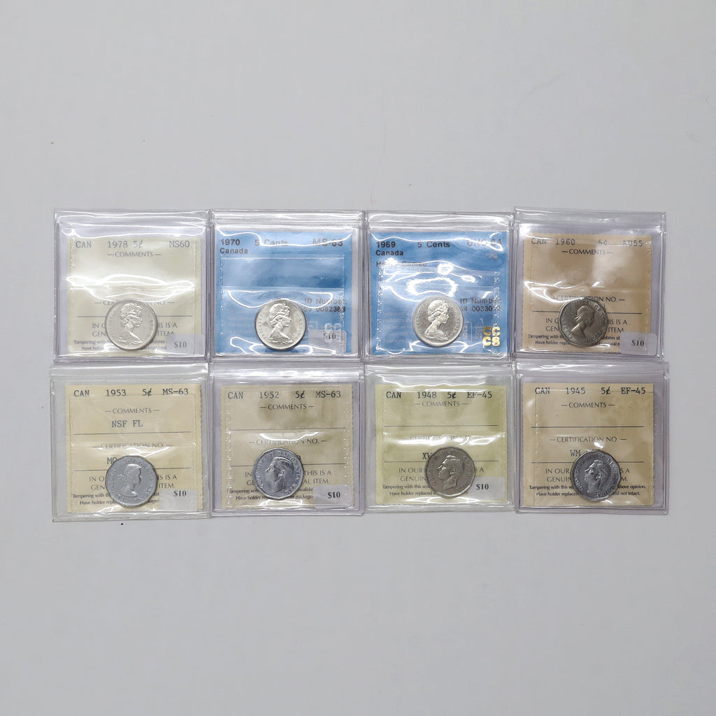 Lot of 8x 1945-1978 Canada 5-cents Certified EF45 to UNC64, 8pcs
