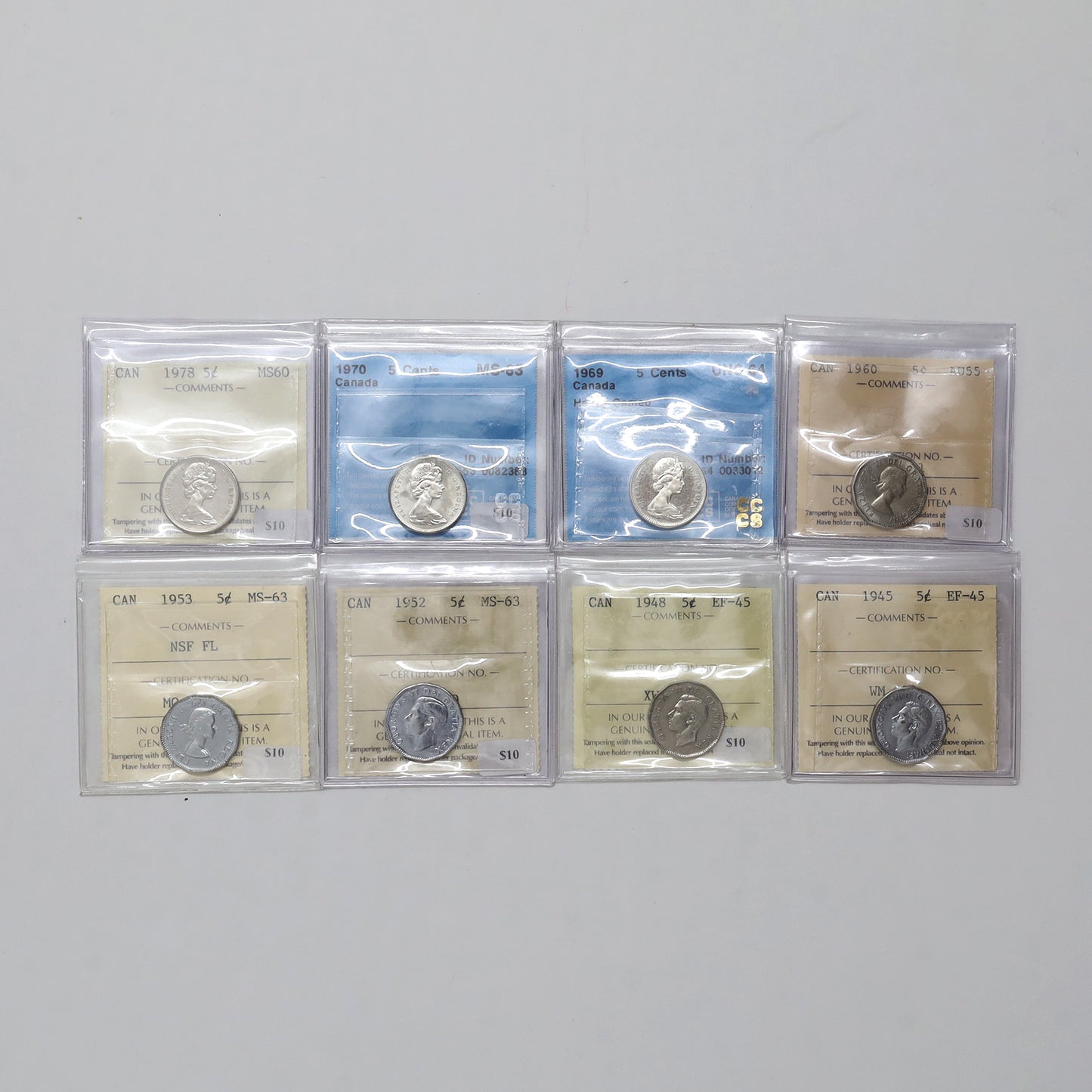 Lot of 8x 1945-1978 Canada 5-cents Certified EF45 to UNC64, 8pcs