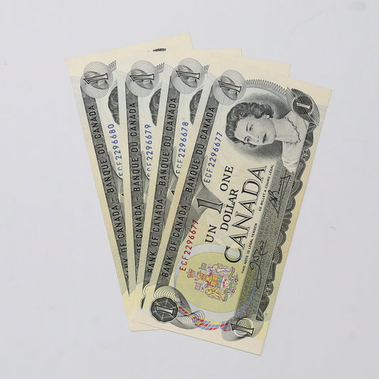 Lot of 4x Sequential 1973 Canada $1 Notes Crow-Bouey, 4pcs